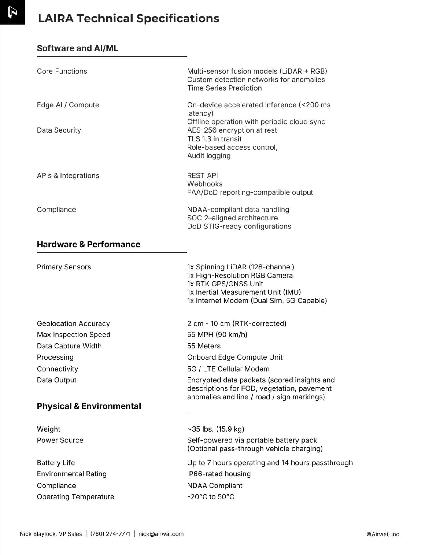 LAIRA product sheet — technical specifications